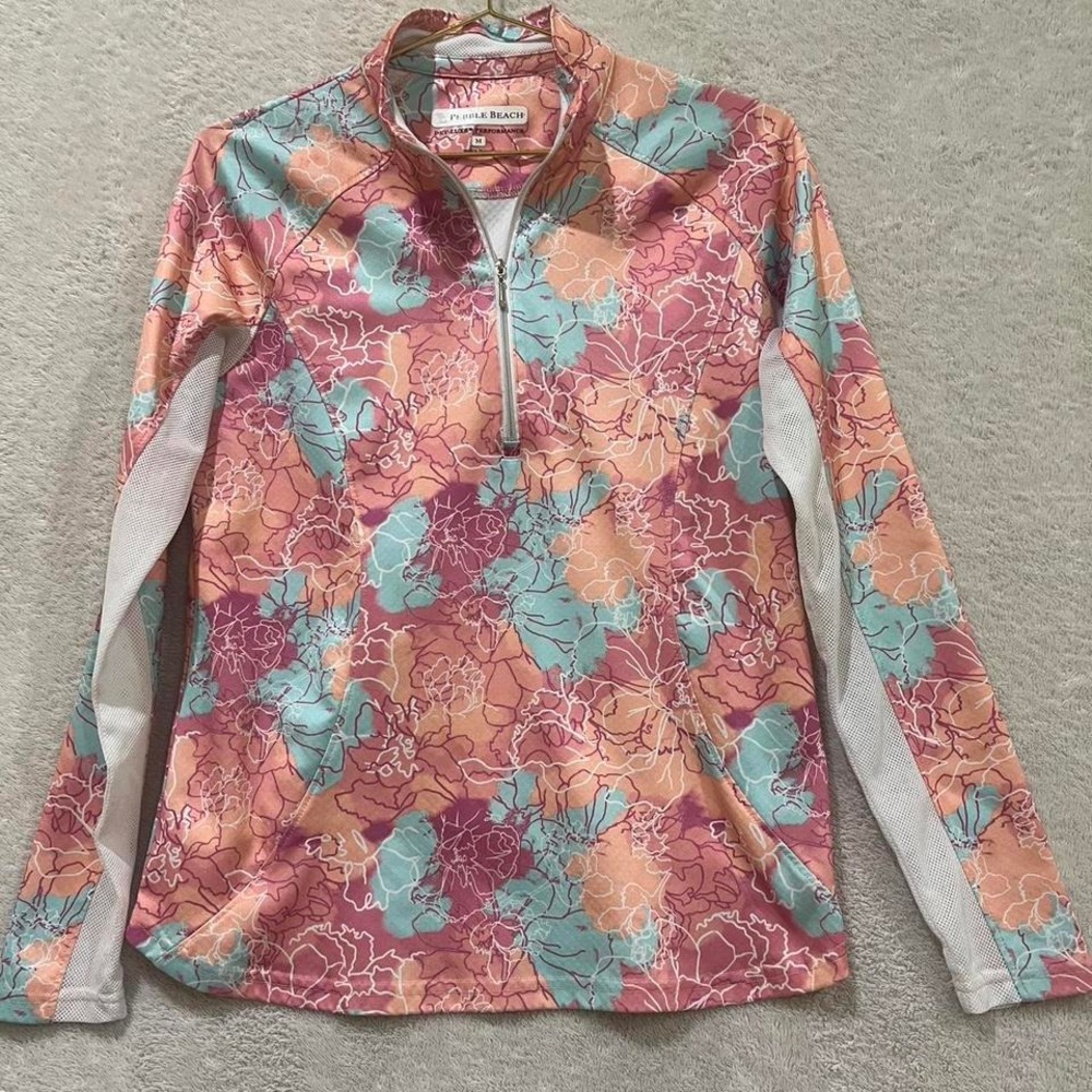 pink orange and teal floral print pebble beach 1/4 zip pullover size medium